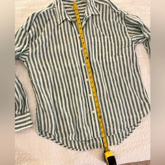Faherty Laguna Linen relaxed blouse green white stripe L - Picture 7 of 11